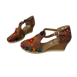 Cacahi's Mexican Huarache Wedge Sandal Sz 9 Tan Floral Strappy Shoe Boho Culture